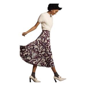 Anthropologie Valerie Pleated Midi Skirt Cream Deep Purple Floral XL